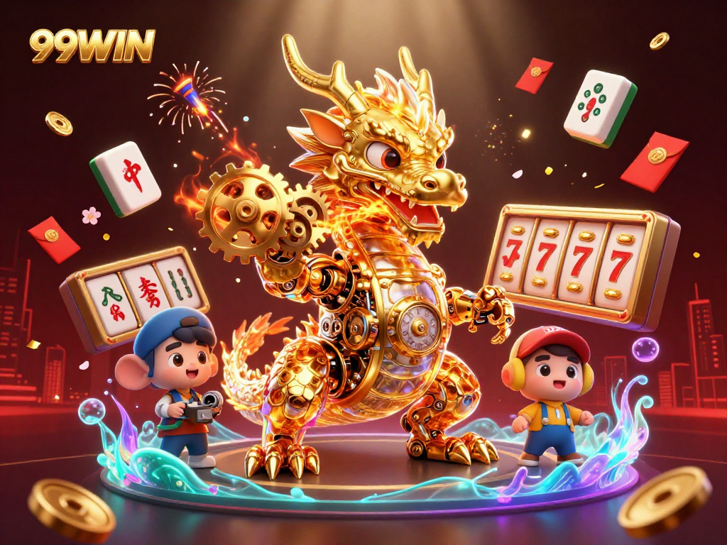Experience thrilling action at 99WIN as a golden dragon breaths gears amidst vibrant casino elements.