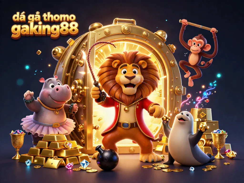 Engage in exciting đá gà thomo gaking88 action amidst vivid characters and dazzling treasures in a dynamic scene.
