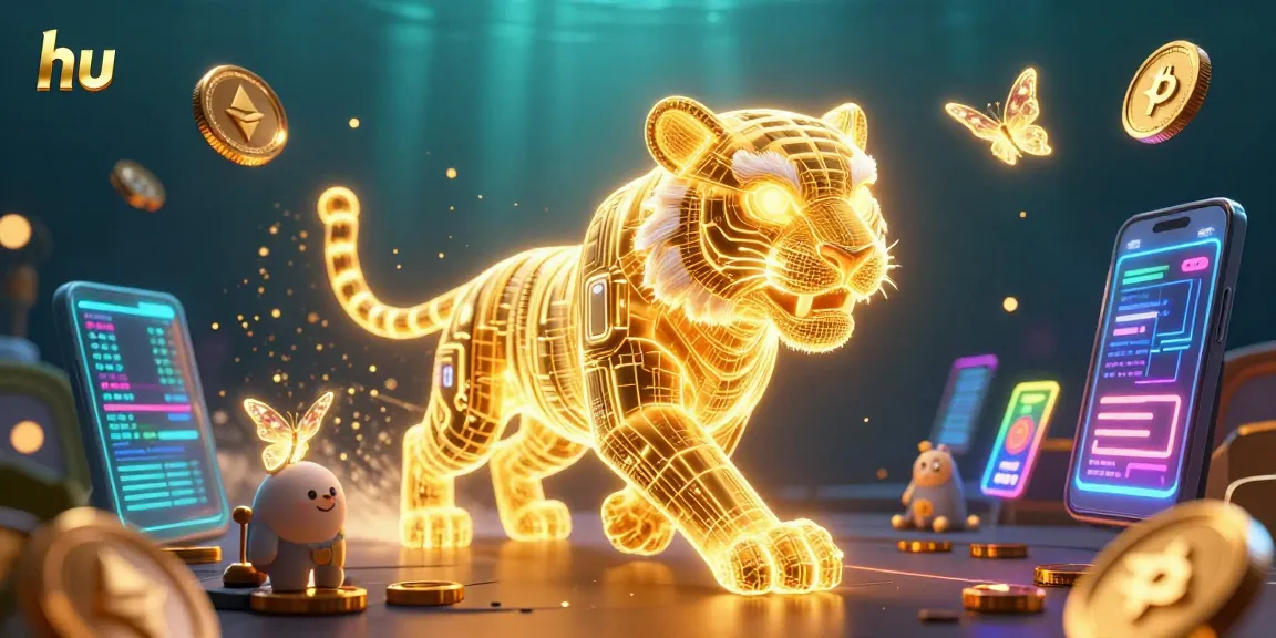 Play exciting games at hu's neon digital casino with golden tiger, crypto coins, and vibrant scenes.