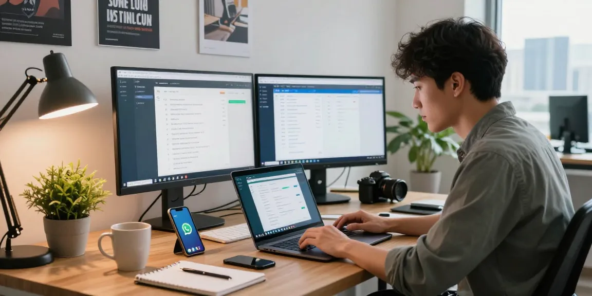 Engaged user navigating WhatsApp電腦版 on a laptop in a modern office.