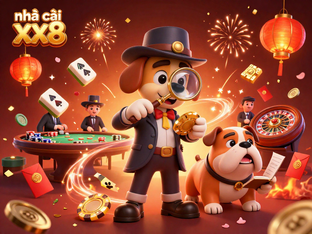 Engage with nhà cái xx8's thrilling poker scene featuring cartoon detective and bulldog companions.
