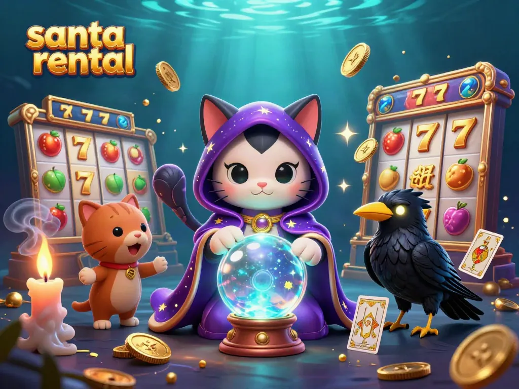 Book a Santa rental experience with festive slots action, featuring a mystical cat and a tarot raven.