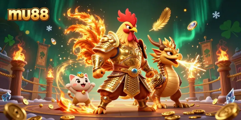 Bet on excitement with mu88: 3D fighting rooster and dragon in an explosive casino arena.