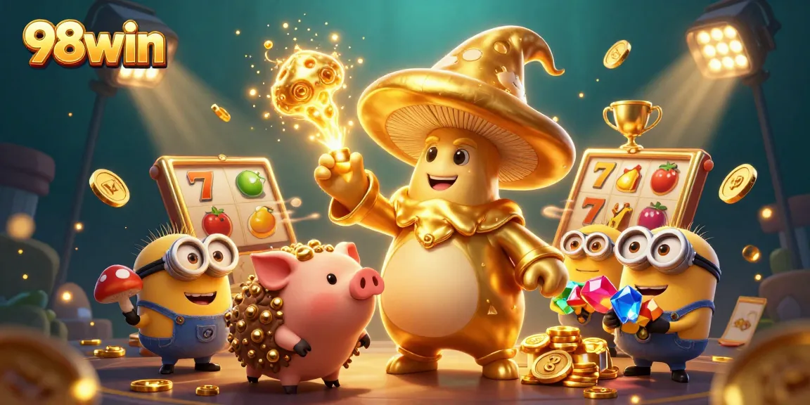 Engage in thrilling gameplay with 98win's vibrant slot machines, golden treasures, and magical characters.