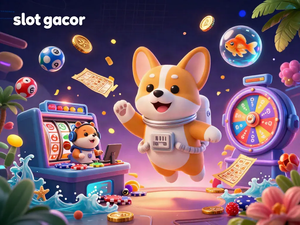 Experience excitement with slot gacor while a corgi astronaut navigates a vibrant space casino filled with floating coins and lottery elements.