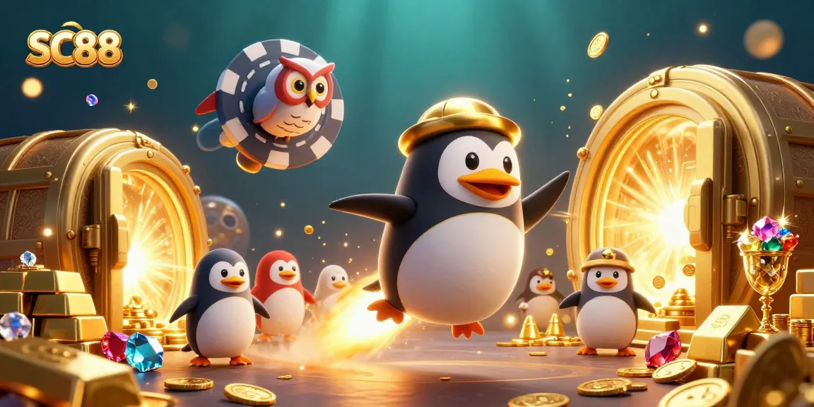 Bet on SC88 with excitement as the golden penguin rockets through a cosmic casino world.