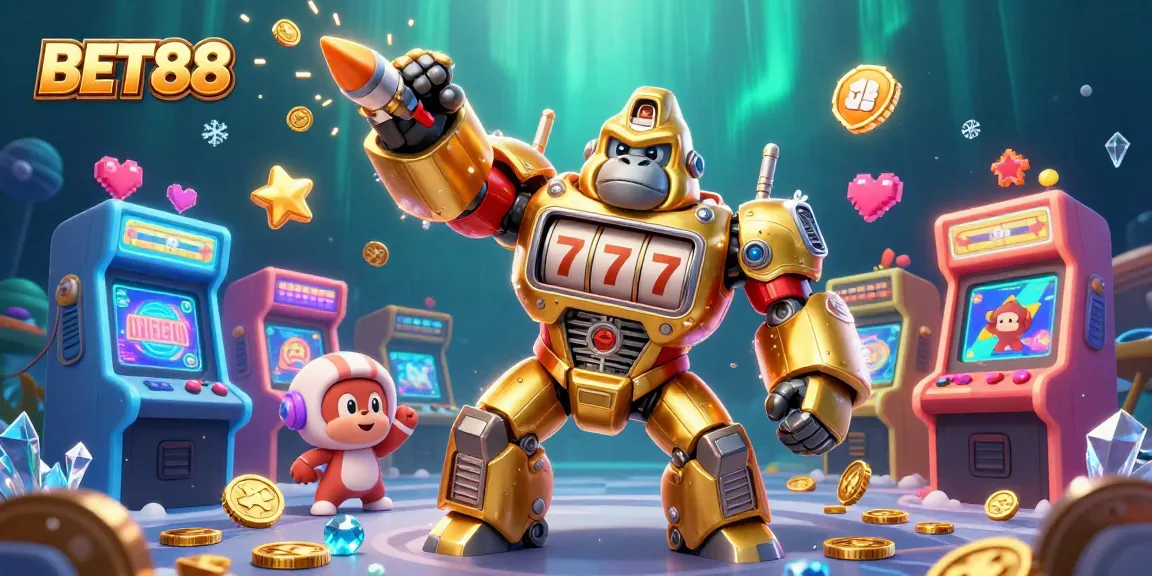 Experience the thrill of BET88 with a dynamic 3D gorilla mech bursting with coins and gaming elements.