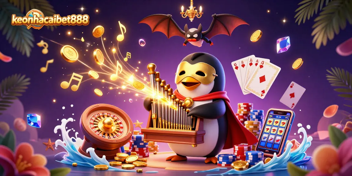 Experience thrilling gameplay with keonhacaibet888 as the cartoon penguin plays enchanting tunes.