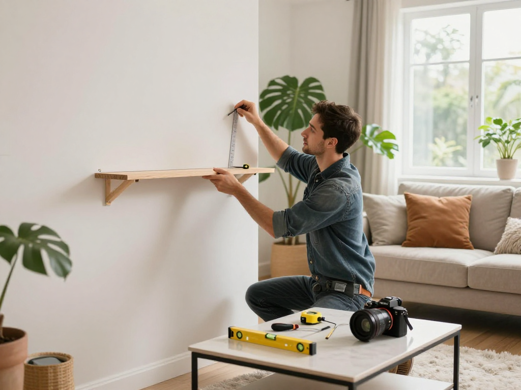 Craftsman measuring a wall for shelf installation highlighting seanbowieforaz home improvement expertise.