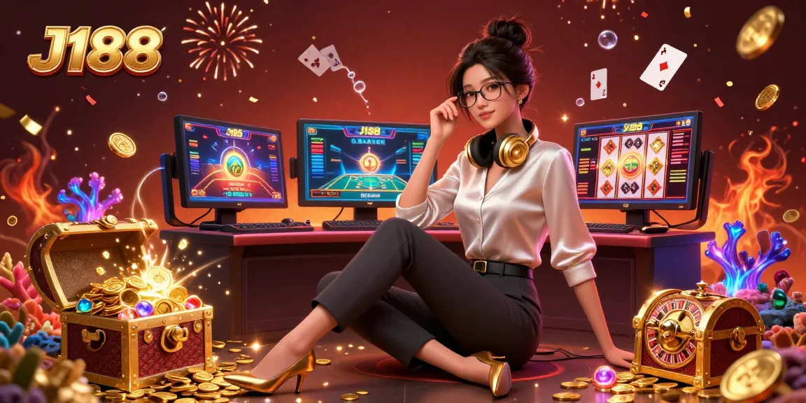 Engage with J188's casino excitement through this vibrant illustration showcasing dynamic games and festive elements.