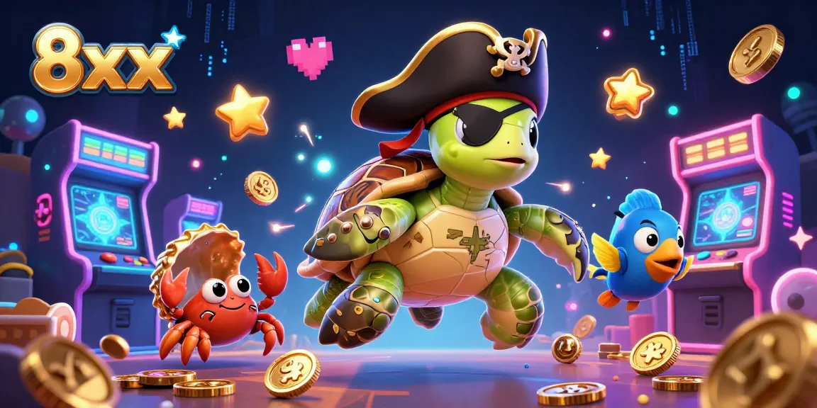 Experience thrilling 8xx gaming excitement as pirate characters engage with casino elements in this vibrant scene.