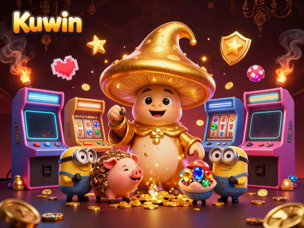 Kuwin slots featuring a golden mushroom wizard and treasure-hunting pig in a vibrant casino scene.