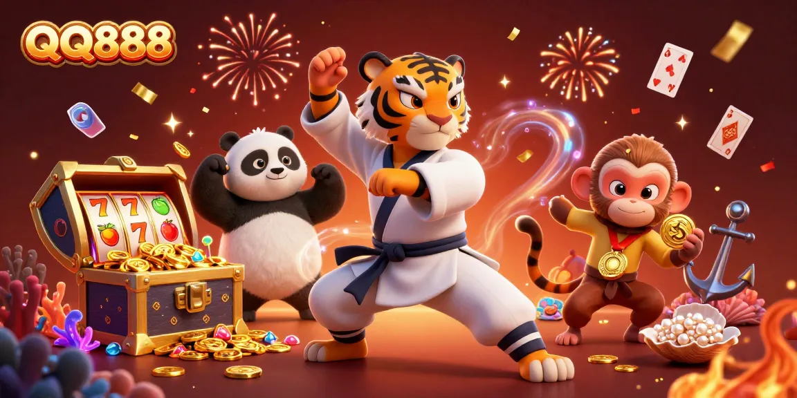 Experience thrilling slots action with QQ888 in a vibrant, animated 3D casino scene full of colorful treasure.