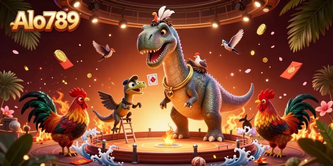 Alo789 features a vibrant 3D illustration of cockfighting and casino elements, perfect for gambling enthusiasts.