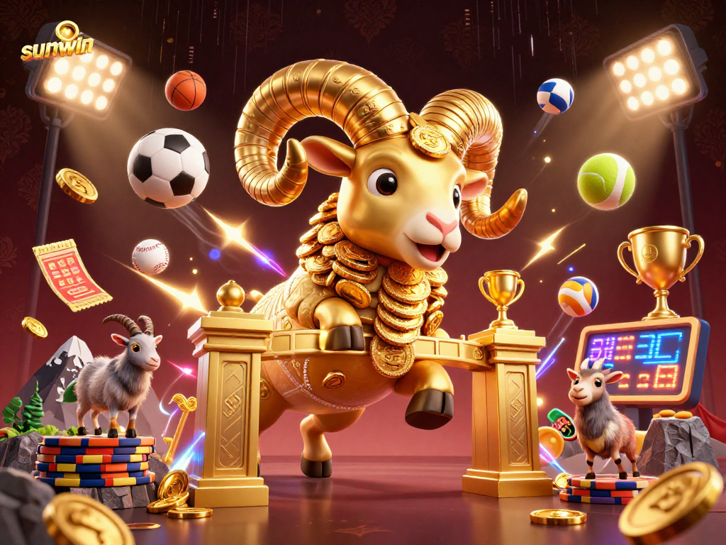 Engage with sunwin's vibrant casino scene featuring a golden ram and dynamic sports elements.