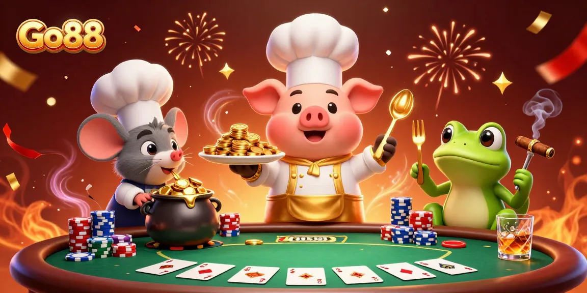 Go88 players enjoy thrilling gameplay with gold coins, poker chips, and festive confetti in a vibrant casino scene.