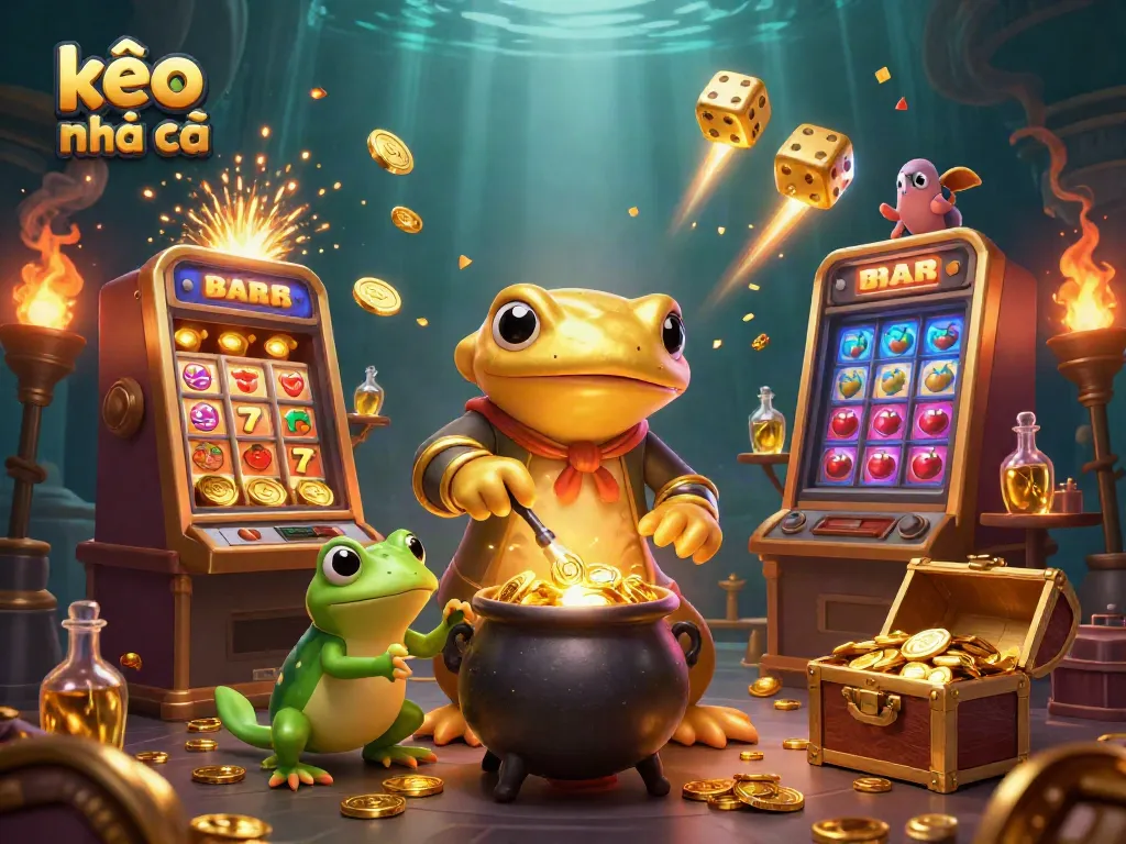 Experience kèo nhà cái with a vibrant scene of gold coins, dynamic gaming elements, and enchanting characters.