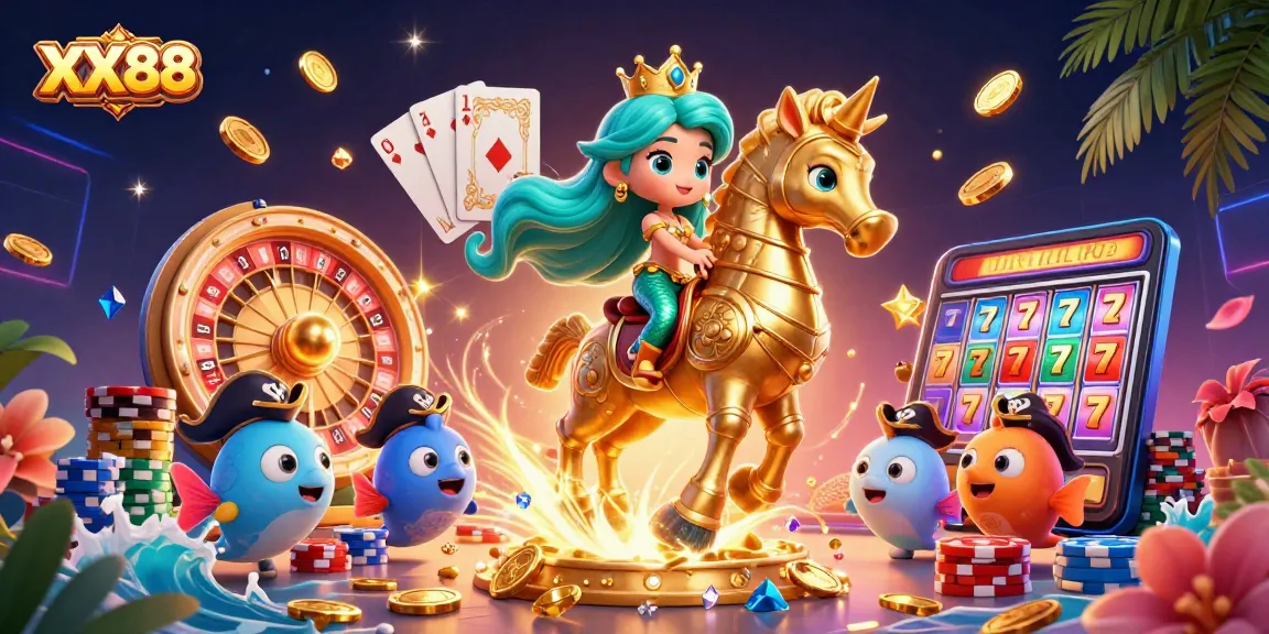 Experience exciting gameplay at XX88 with a mermaid princess amid golden coins and vibrant casino elements.