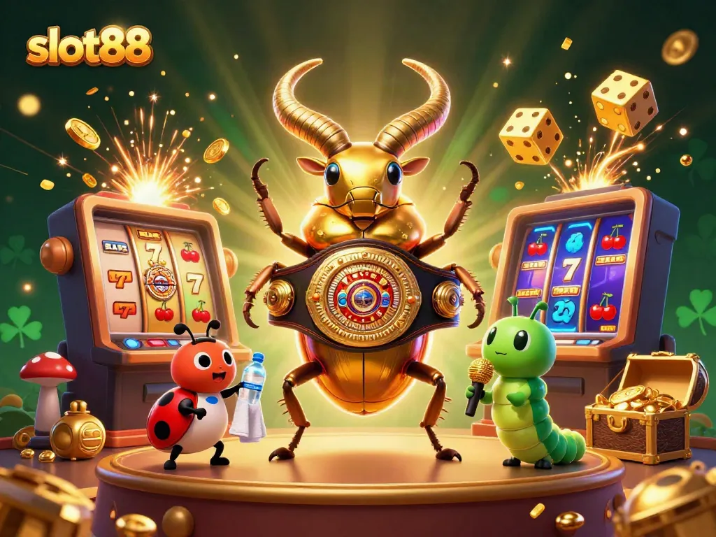Permainan slot88 diilustrasikan dengan karakter ceria dan suasana kasino yang semarak.
