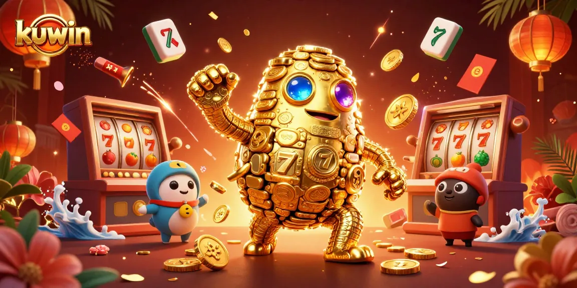 kuwin showcases an ancient golden golem amidst vibrant casino elements, featuring slot symbols and gold coins.