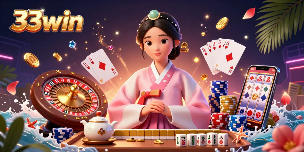Win big with 33win as the elegant woman engages in casino action amidst gold coins and colorful chips.