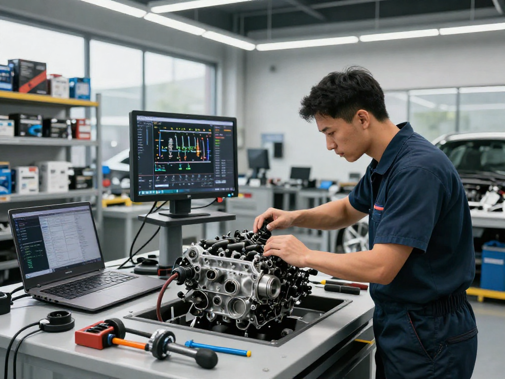 Professioneller BMW Steuerkettenwechsel in moderner Werkstatt mit Techniker und hochwertiger Ausrüstung.