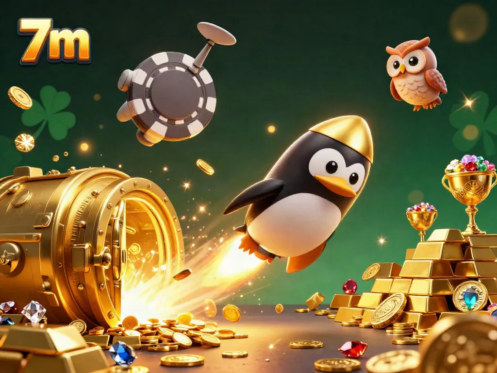 Engage in exhilarating betting strategy with 7m's dynamic casino-themed 3D illustration of a golden penguin.