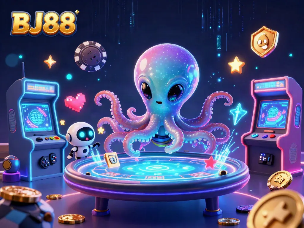 Engage in thrilling gameplay with BJ88 at a cosmic poker table amidst vibrant gaming elements.