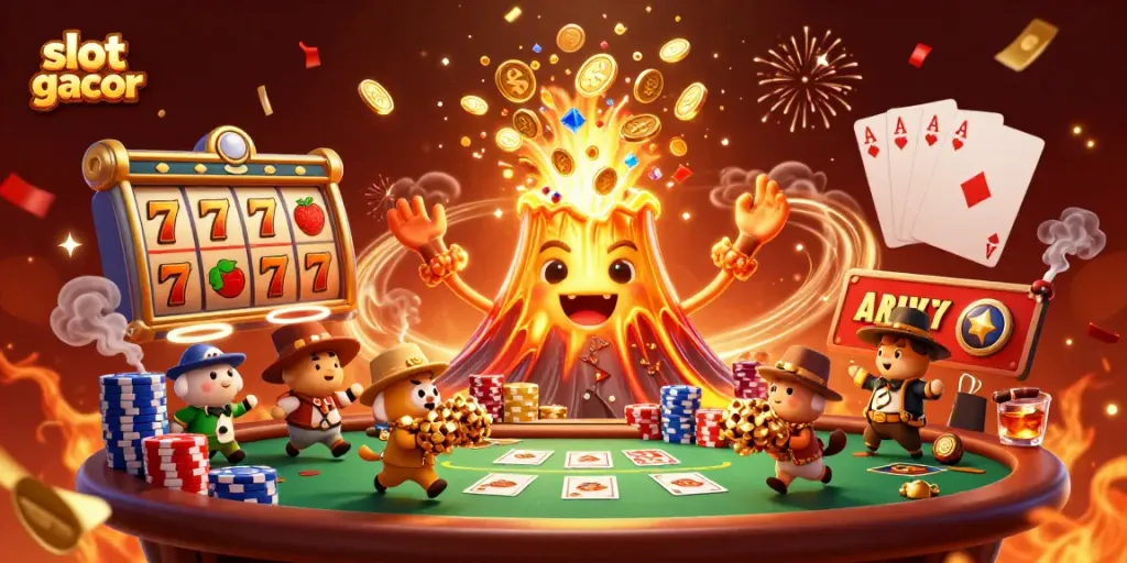 Experience the excitement of slot gacor with a triumphant golden volcano and treasure-filled characters.