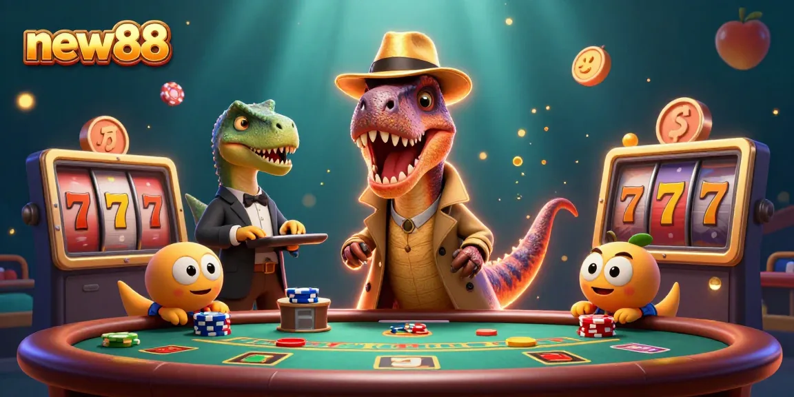 Experience new88's casino thrills with a velociraptor gambler at a vibrant blackjack table.
