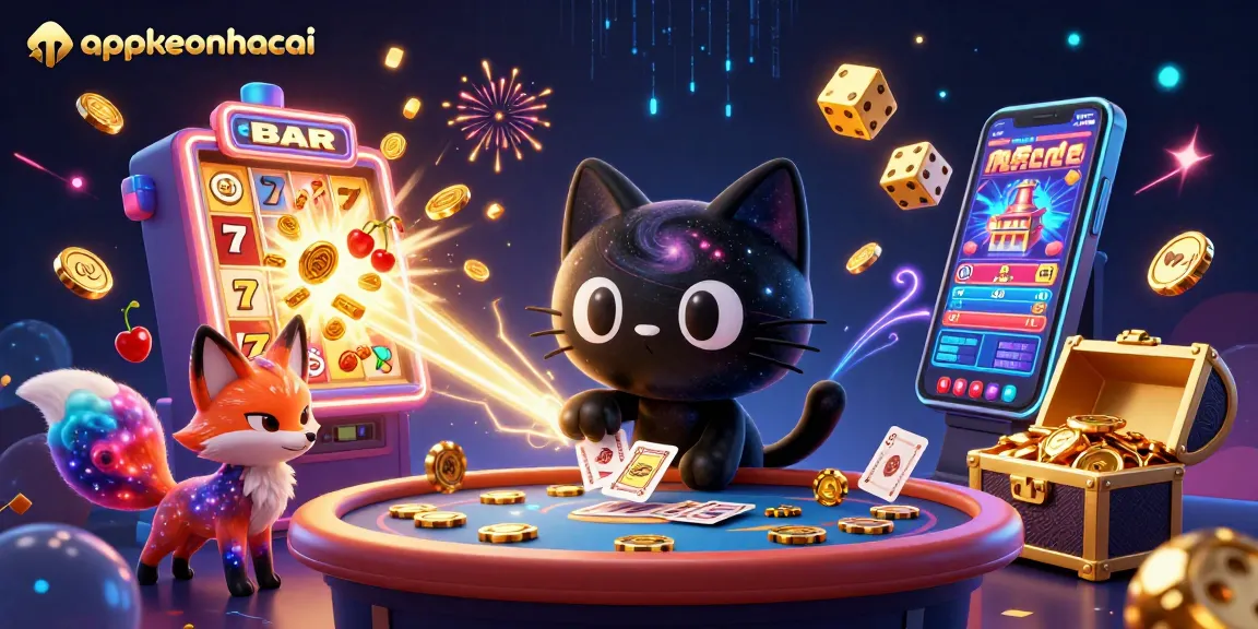 Experience thrilling slots at appkeonhacai, featuring a cosmic casino scene with vibrant characters and gaming elements.