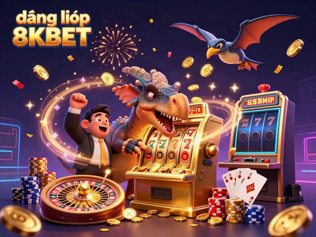 Play and win with đăng nhập 8KBET, featuring vibrant casino scenes and dynamic characters.