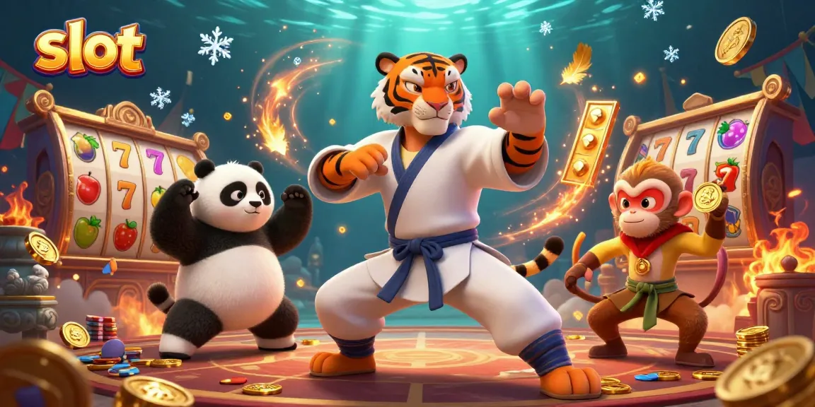 Engage in thrilling slot action with a kung fu tiger master in a dynamic casino scene.