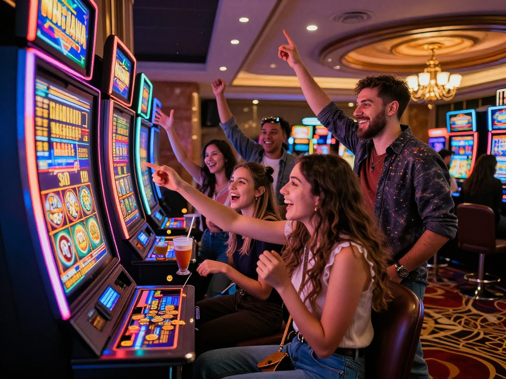 Celebrating friends winning a slot jackpot at a vibrant casino.