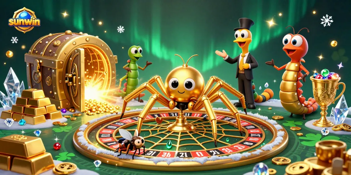 Experience thrilling gameplay with sunwin's vibrant 3D casino illustration featuring a roulette wheel spider and betting action.