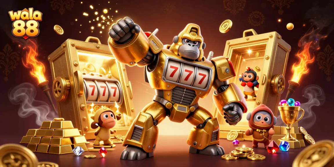 Experience the excitement of betting with wala 88's vibrant golden gorilla mech amid dazzling wealth.