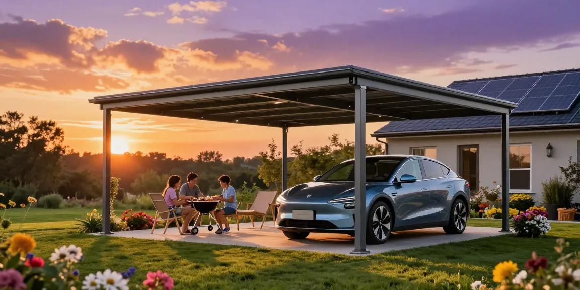 Carport schützt Elektroauto, Familienfeier im Garten bei Sonnenuntergang, moderne Outdoor-Szenerie.