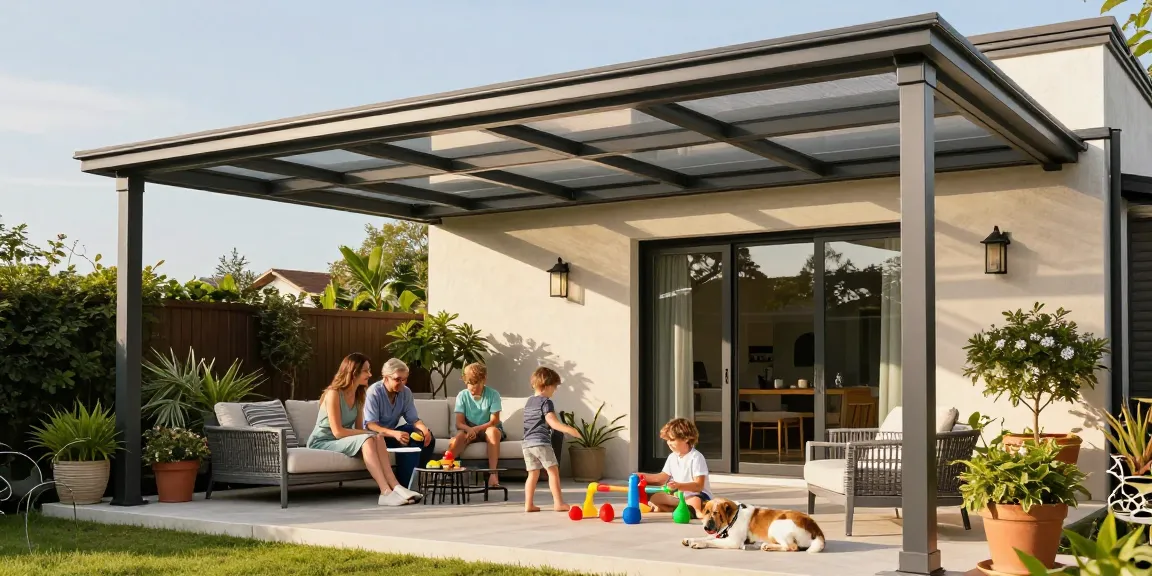 Terrassenüberdachung in eleganter Aluminium-Ausführung, Familie genießt sonnigen Tag im Garten.