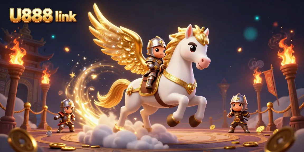 Experience the thrill of U888 link with a celestial knight on a golden winged horse amidst a dynamic casino scene.