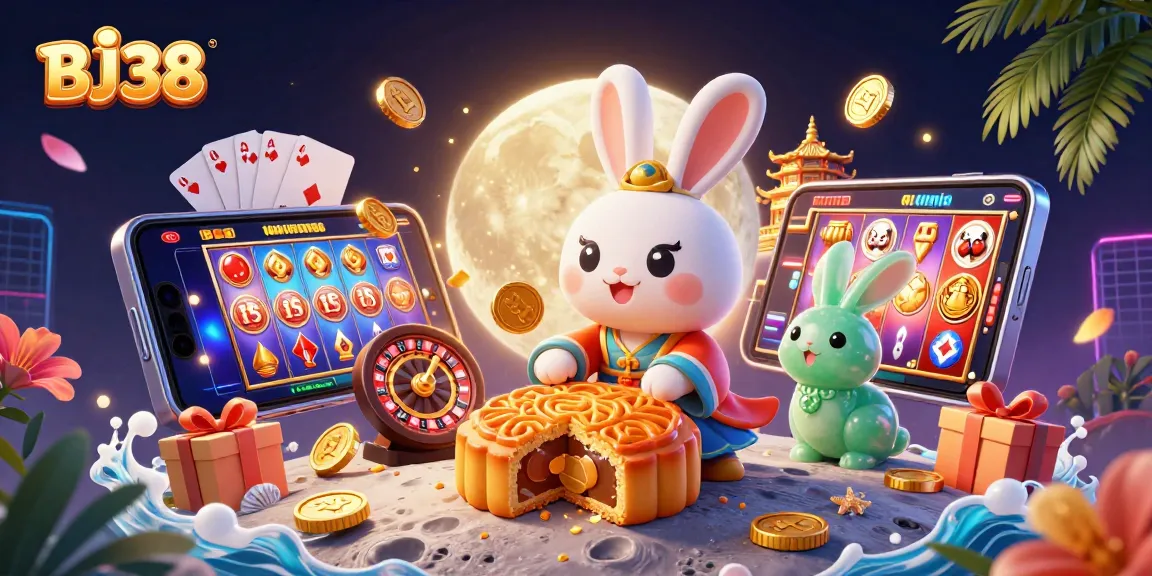 BJ38 casino illustration featuring a moon rabbit revealing poker chips and slot game elements, vibrant and engaging.