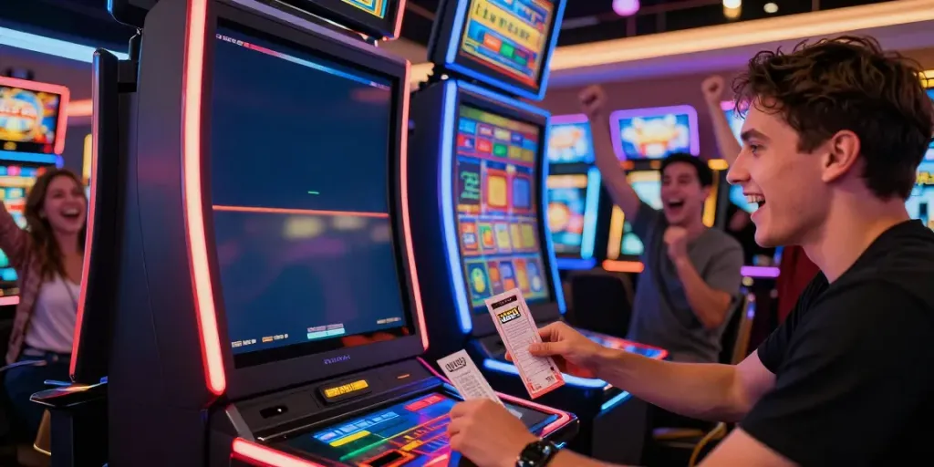 Excited player interacting with a vibrant slot machine in a modern casino atmosphere.