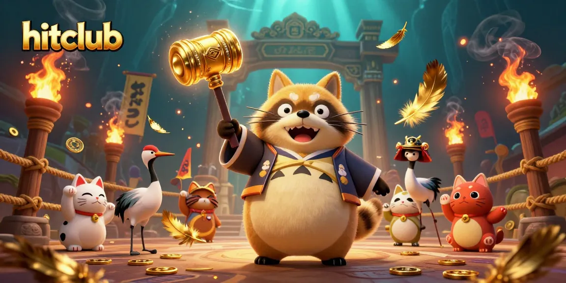 Hitclub brings luck with cheerful tanuki in a vibrant casino setting, celebrating winning moments.