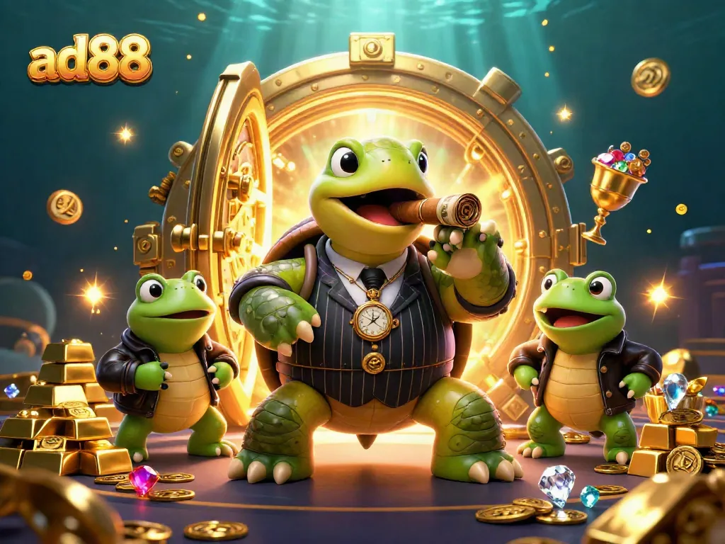Join the ad88 adventure with a cartoon turtle and bullfrog enforcers in a vibrant casino scene.