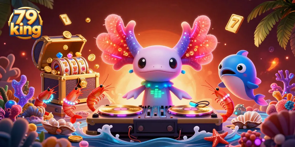 Win big with 79 king as a neon axolotl DJ spins underwater casino games and treasures.