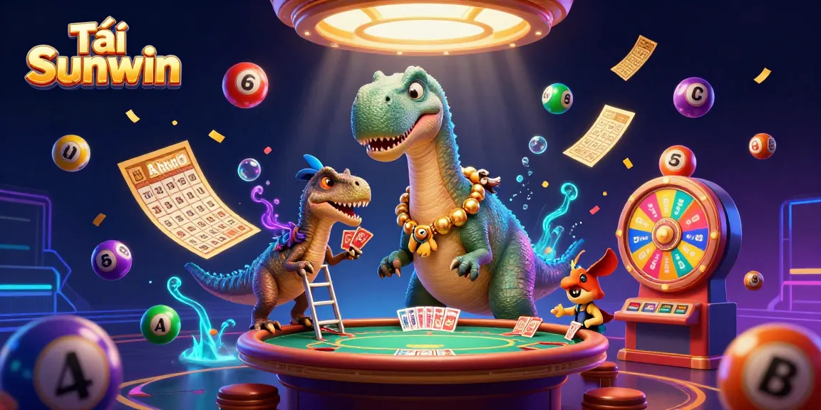 Tải Sunwin in a vibrant 3D casino scene with dinosaurs, lottery elements, and neon designs.