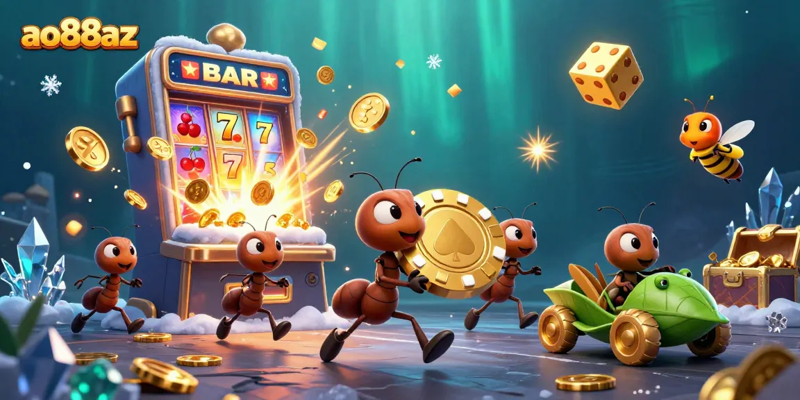 Join the heist of a lifetime with ao88az, as cartoon ants carry a giant poker chip amid casino chaos!