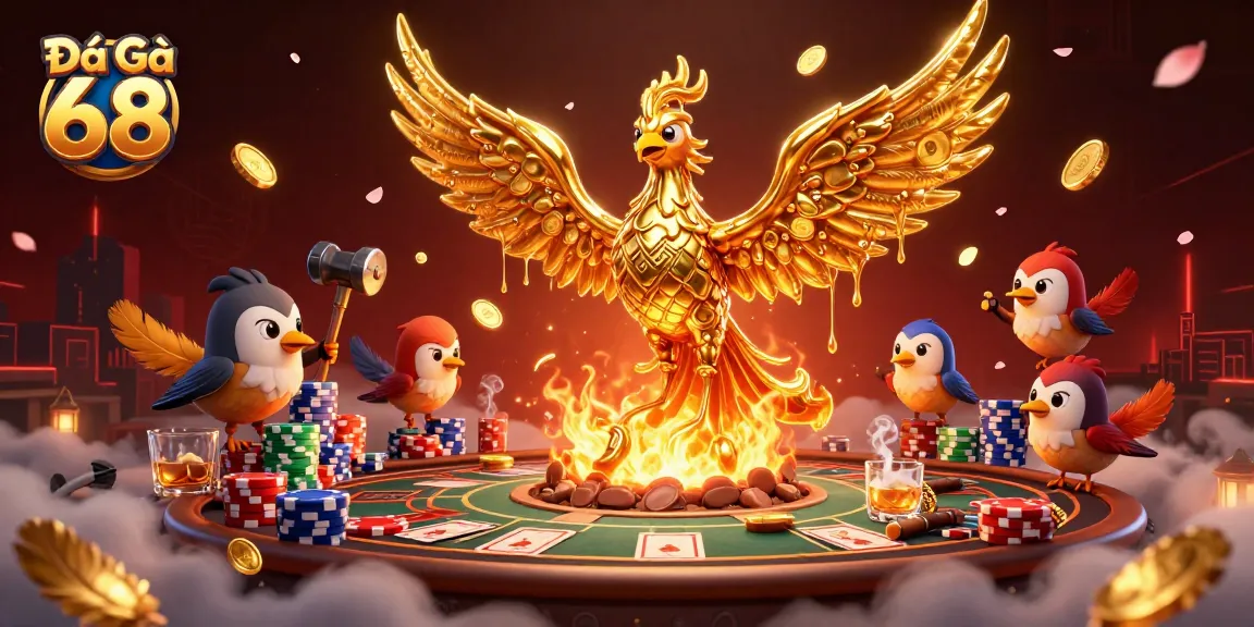 Experience Đá Gà 68 thrilling moments with this vibrant illustration of an engaging cockfighting scene amidst casino excitement