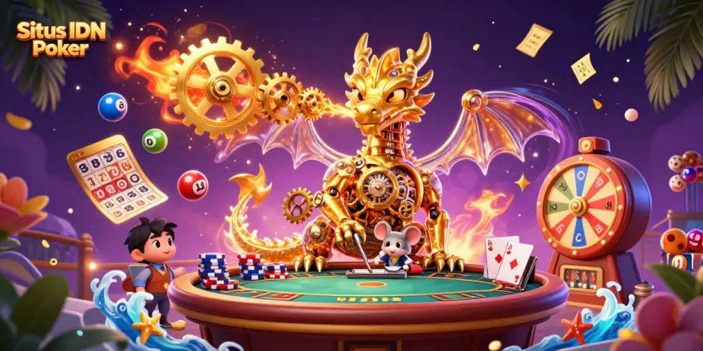 Situs IDN Poker showcases a vibrant 3D dragon breathing gears amidst poker elements, perfect for engaging players.