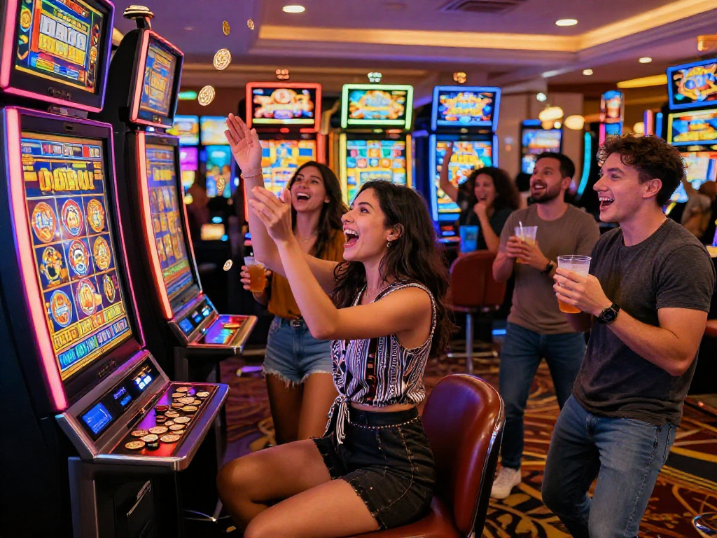 Celebrating a slot jackpot win in a lively casino scene, highlighting excitement and joy.