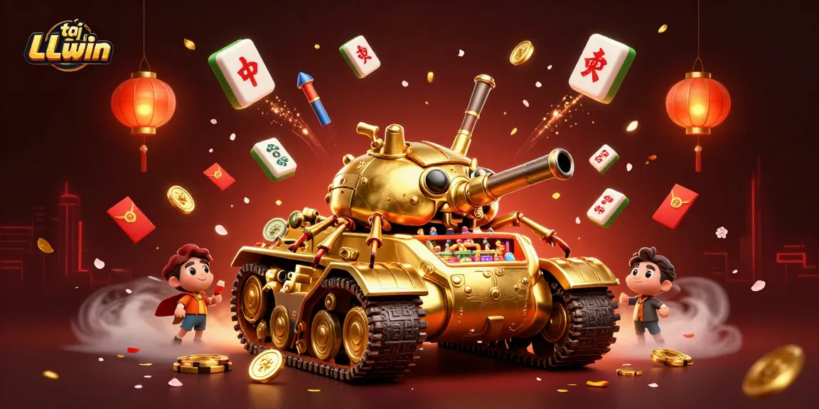 Play games and win with tải LLwin, featuring a golden tank casino illustration with lively elements.